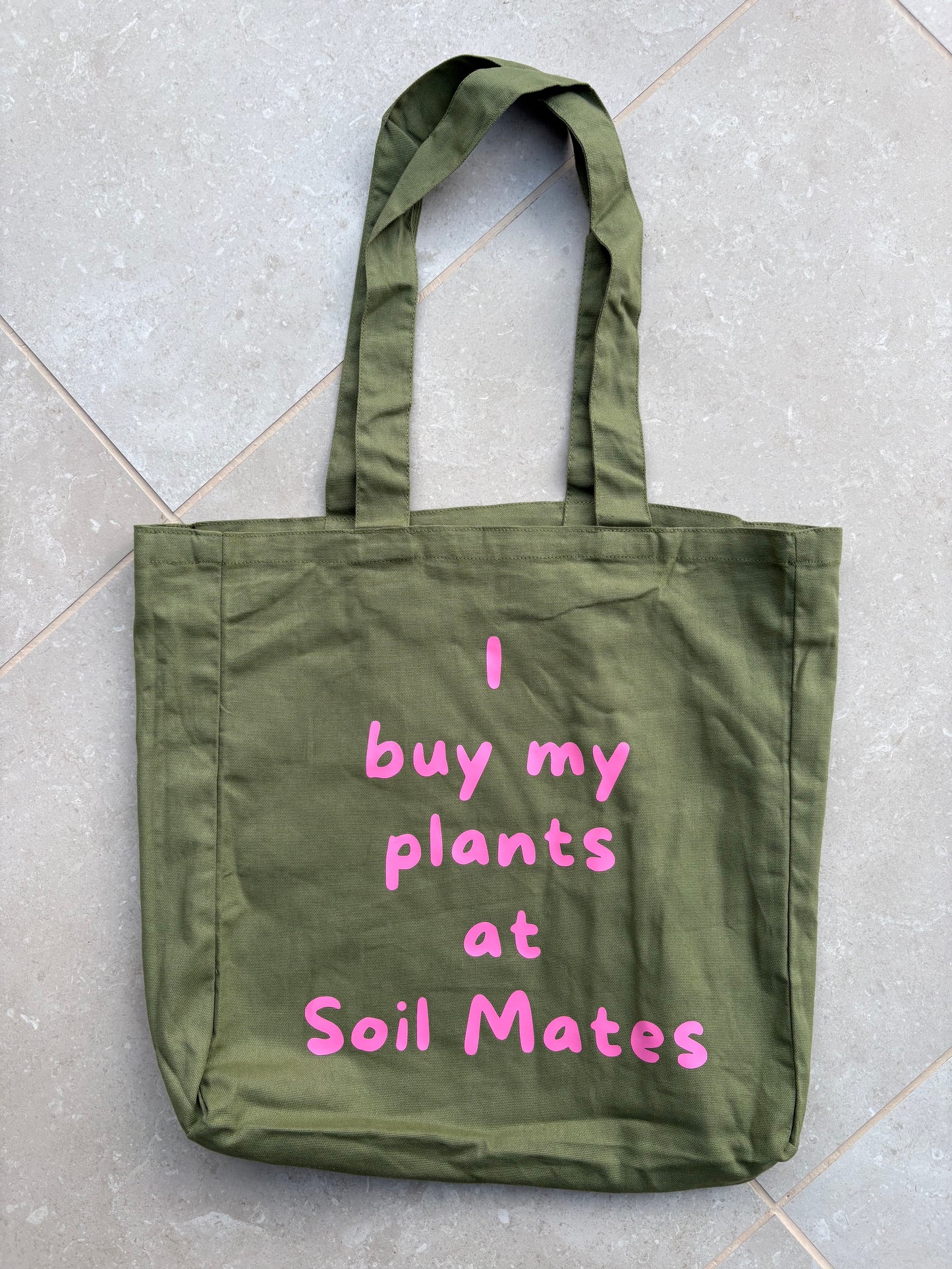 I buy my plants at Soil Mates - green with pink cotton tote bag
