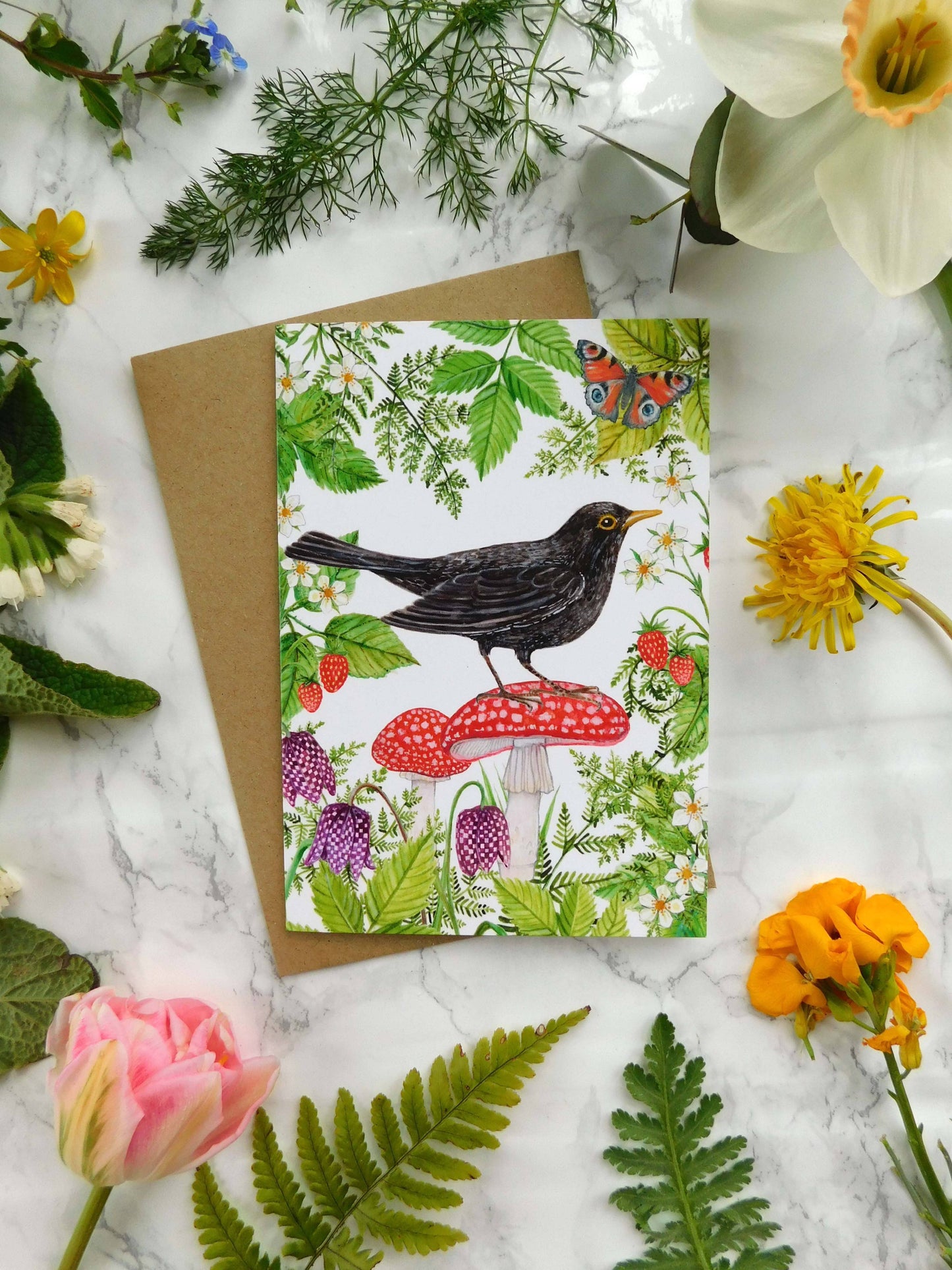 Blackbird on a Toadstool Greetings Card
