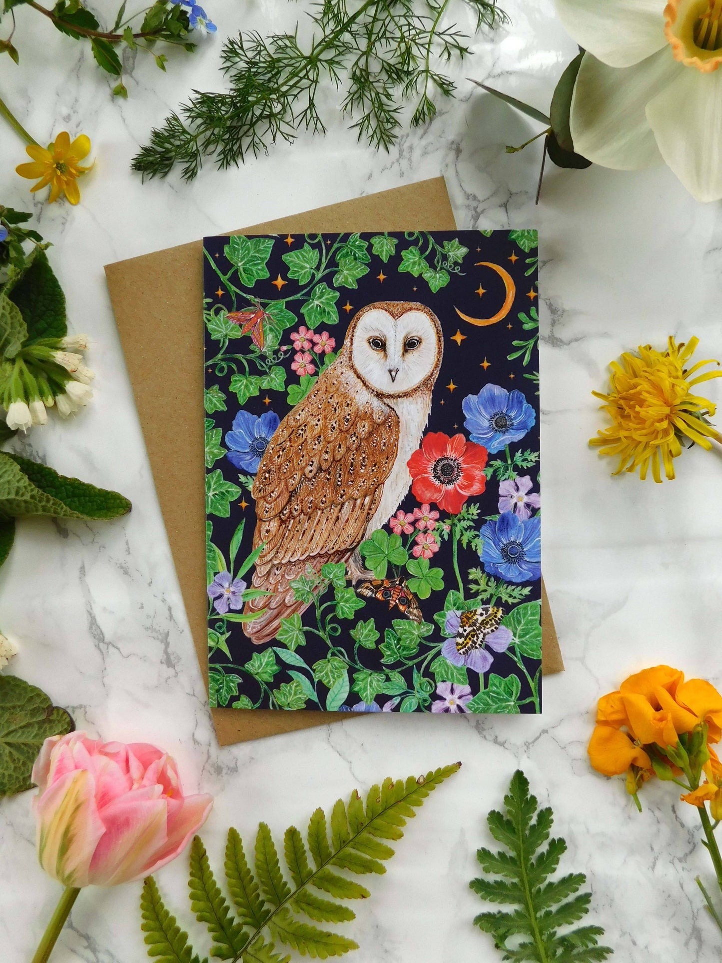 Barn Owl and Flowers Greetings Card