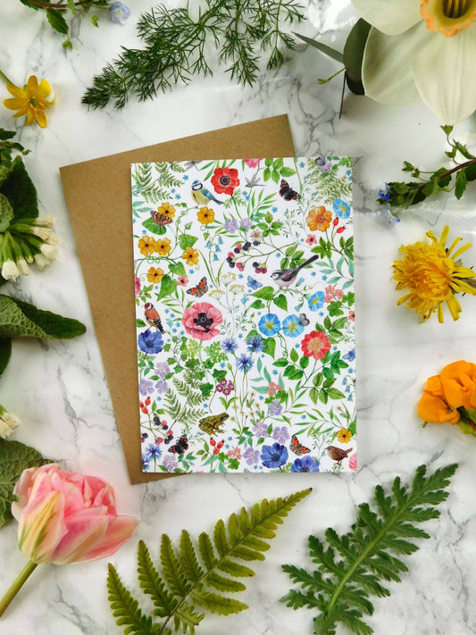 Enchanted Garden with Birds and Flowers Greetings Card