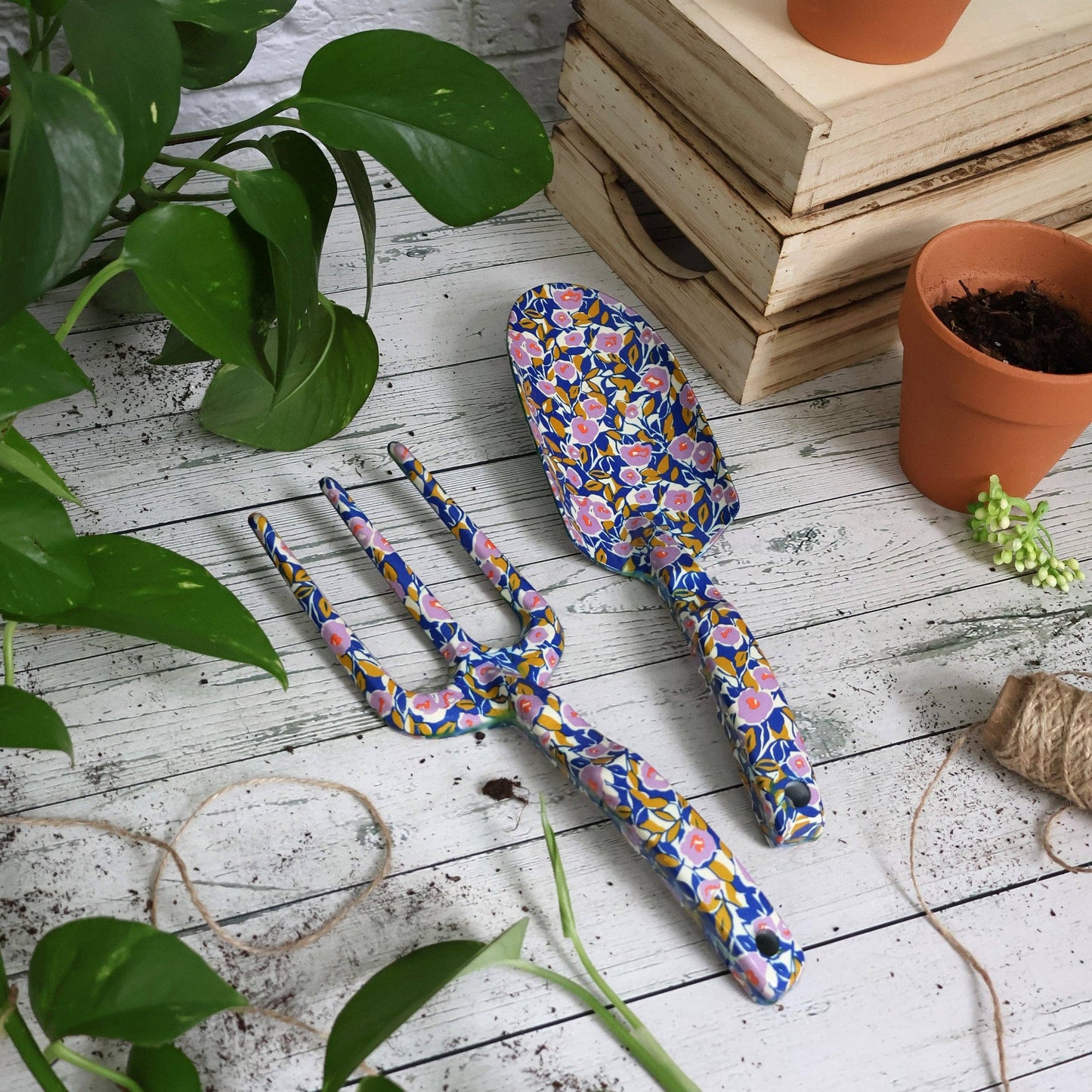 Fork and Trowel Garden Tool Set - Floral Design