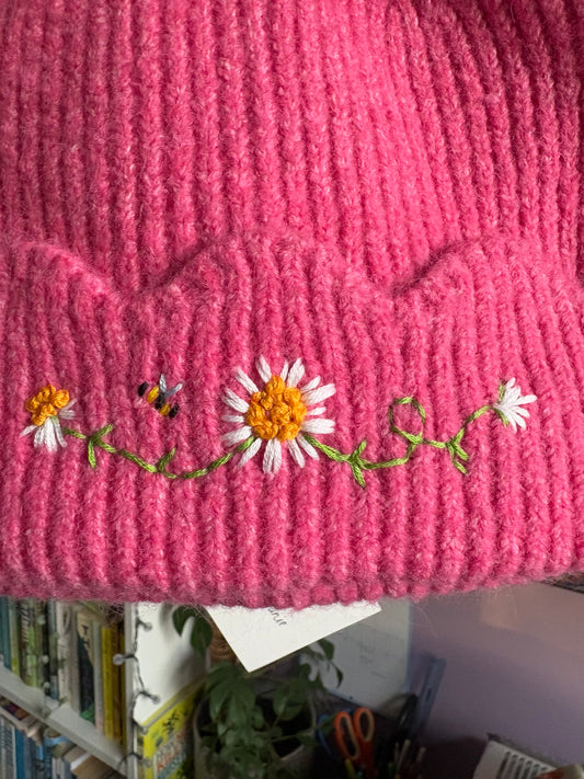 Embroidered Adult Beanie Hat Daisies