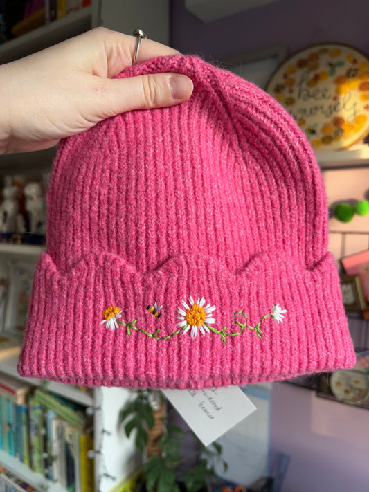 Embroidered Adult Beanie Hat Daisies