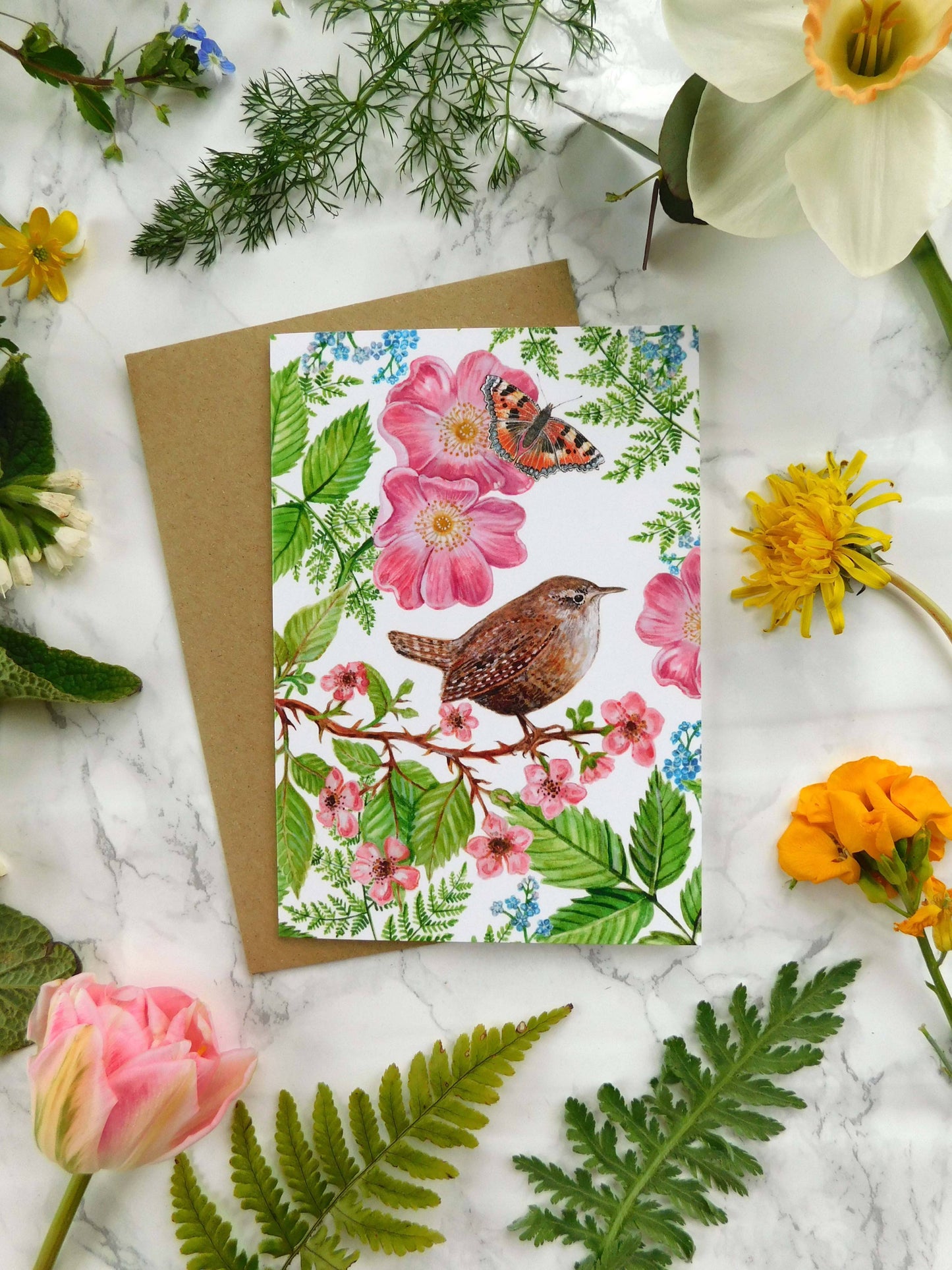 Wren and Flowers Greetings Card