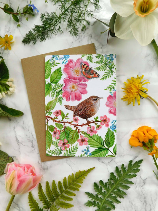 Wren and Flowers Greetings Card