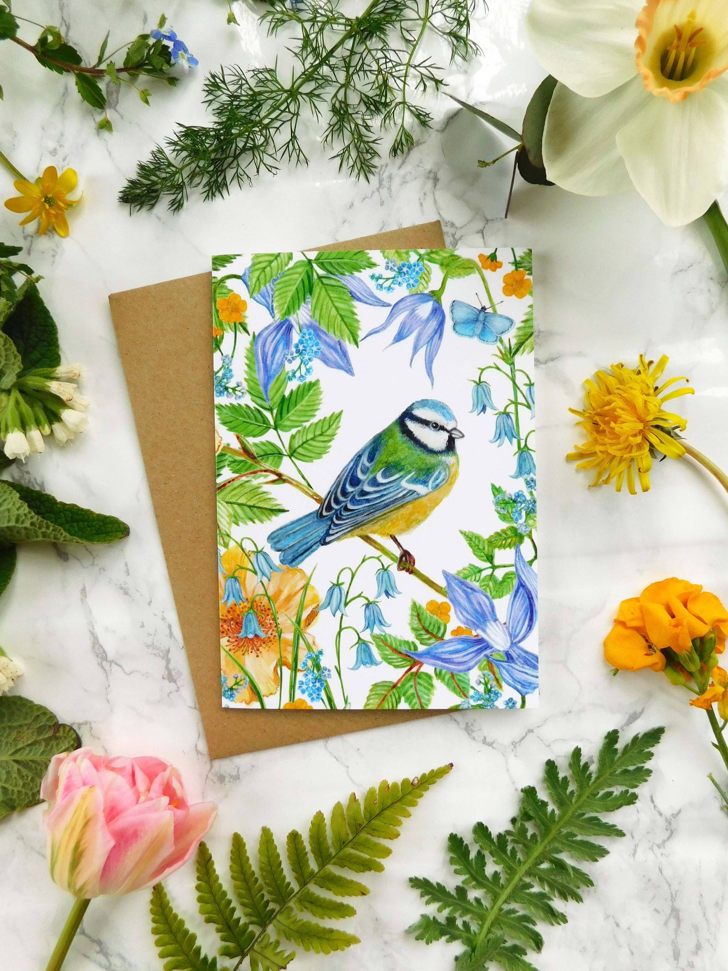 Blue Tit and Flowers Greetings Card